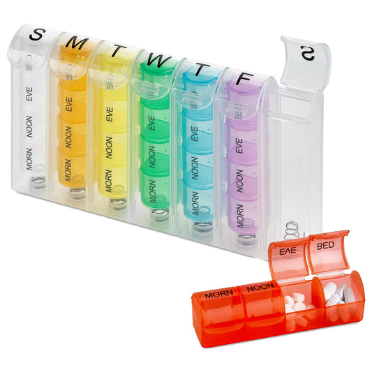 Weekly Pill Organizer - 7 Day Pill Box with 4 Compartments Per Day, Portable Medication Planner for Pills, Vitamins, Supplements, Easy-to-Use Design, Travel Friendly
