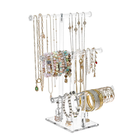1-Piece 3-Tier Clear Acrylic Jewelry Display Stand with Ring Holders, 25 x 16 x 38 cm Necklace Bracelet Bangle Organizer for Store, Tradeshow, and Home Décor