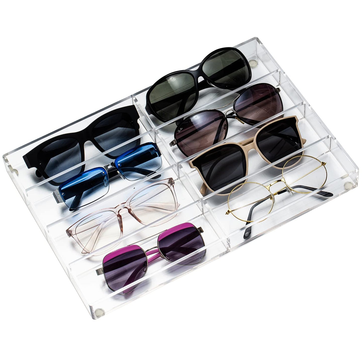Clear Acrylic Sunglass Eyeglass Organizer, 8 Compartments Dresser Display Case for Eyewear and Accessories, Multipurpose Drawer Tray for Storage and Showcase