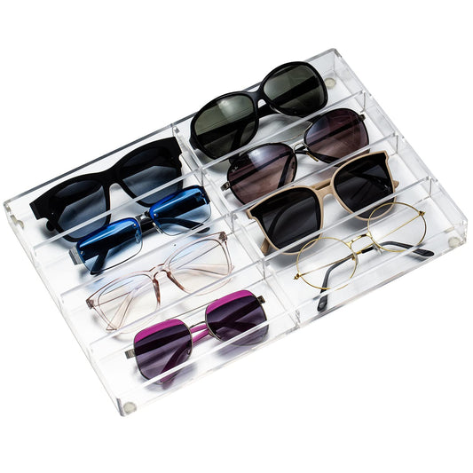 Clear Acrylic Sunglass Eyeglass Organizer, 8 Compartments Dresser Display Case for Eyewear and Accessories, Multipurpose Drawer Tray for Storage and Showcase