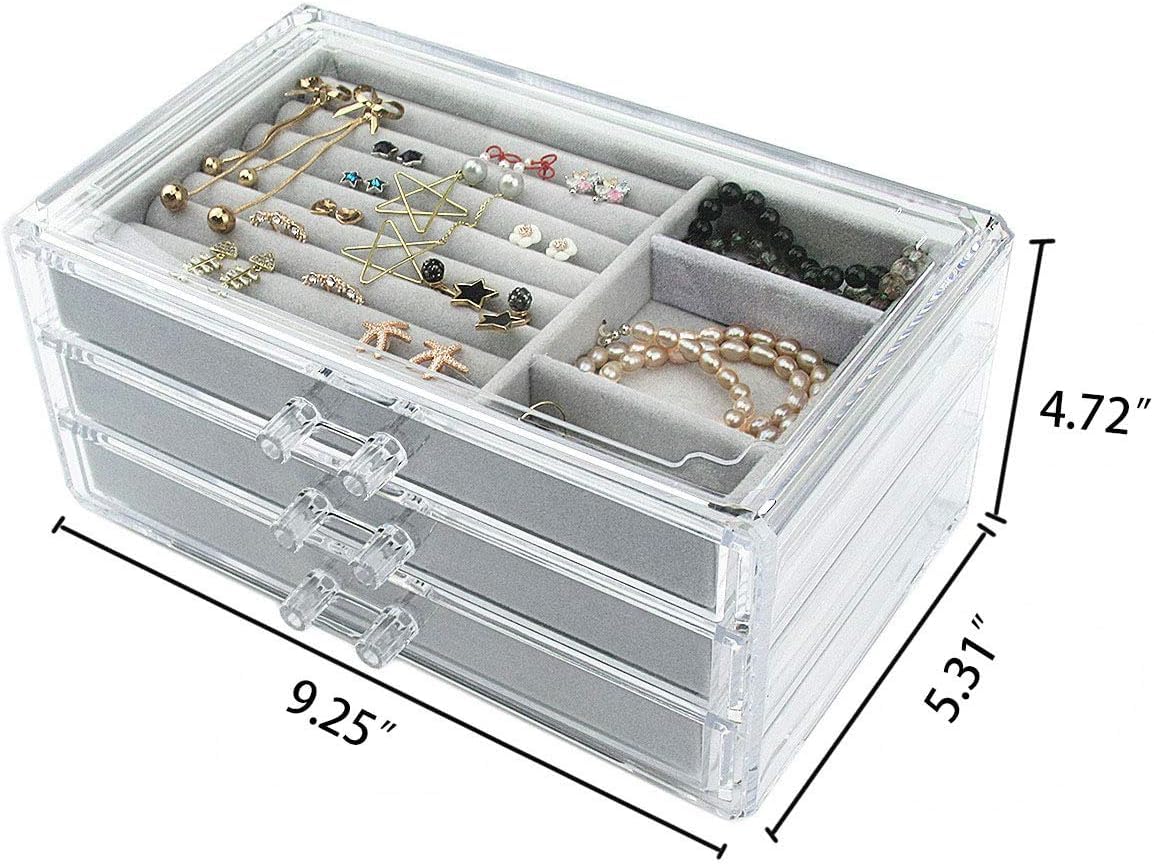 XICEN Acrylic Jewelry Box 3 Drawers, Velvet Jewellery Organizer, Earring Rings Necklaces Bracelets Display Case Gift for Women, Girls (gray)