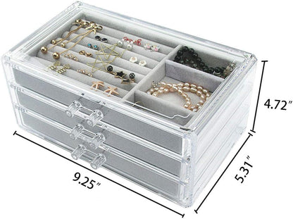 XICEN Acrylic Jewelry Box 3 Drawers, Velvet Jewellery Organizer, Earring Rings Necklaces Bracelets Display Case Gift for Women, Girls (gray)