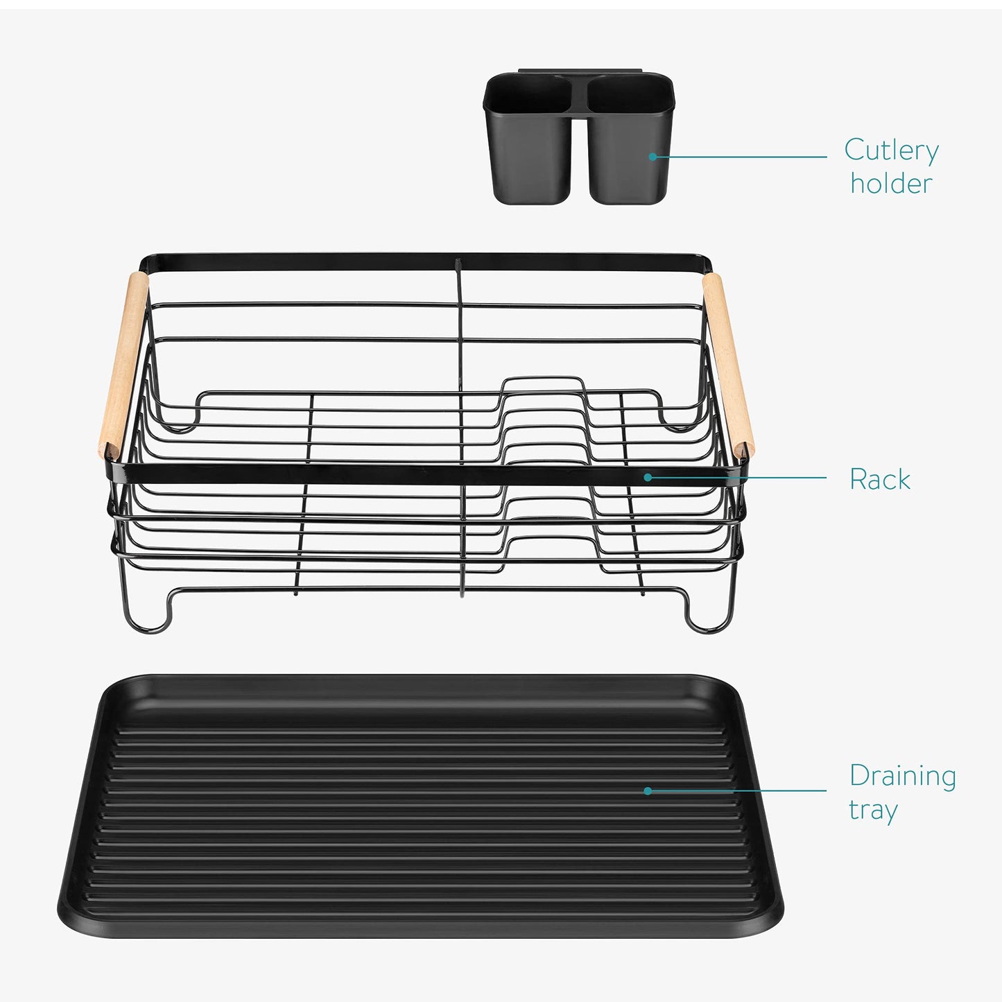 Navaris Dish Drainer Rack - Plate, Cutlery, Pots and Pans Drying Rack for Kitchen with Beechwood Handles - Modern Retro Design Drip Tray - Black