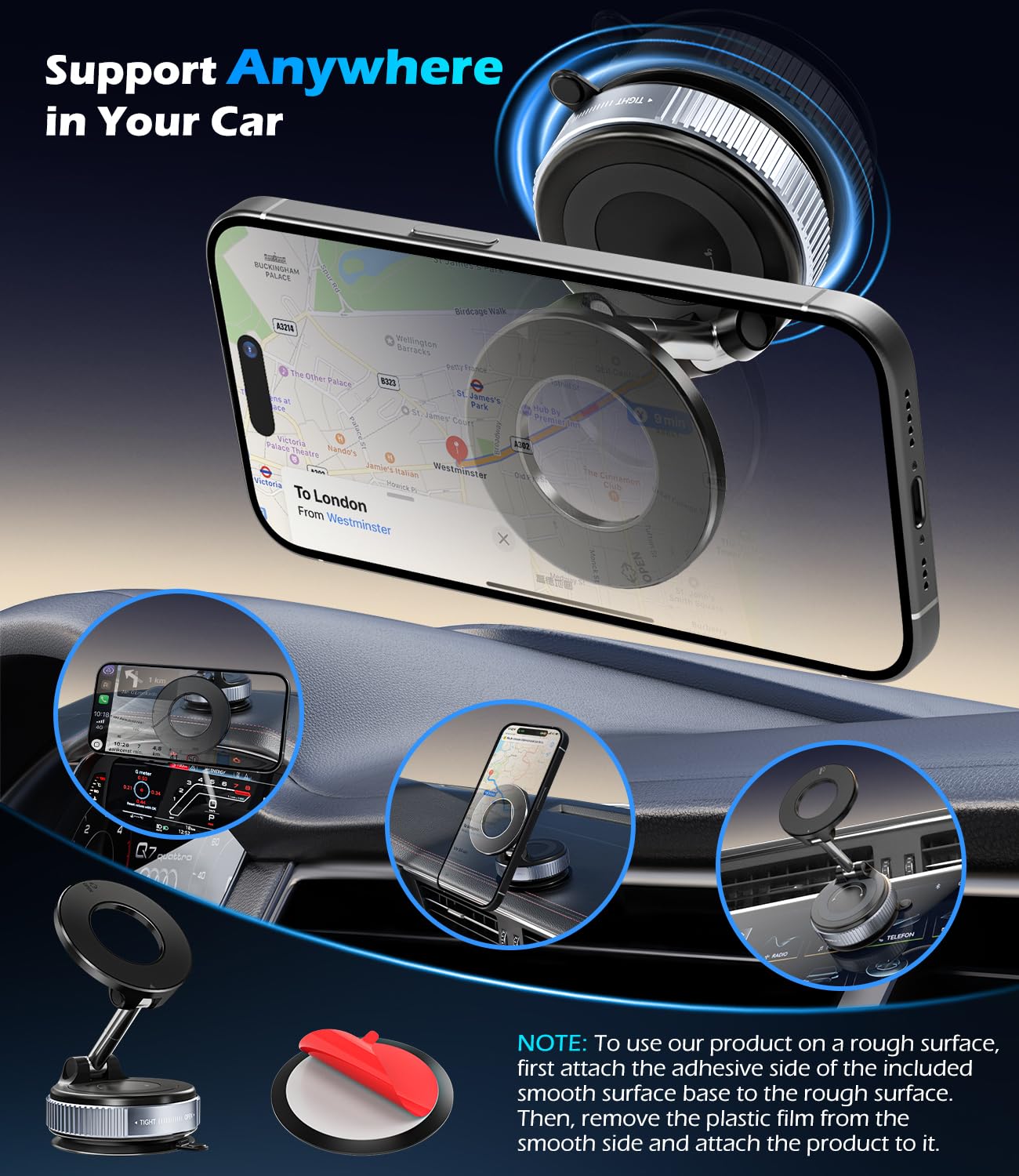 ALAFLY Car Mobile Phone Holder with Vacuum Suction Cup, Compatible with MagSafe, 360° Adjustable and Foldable Magnetic Phone Holder for Car/Windshield/Glass/Any Smooth Surface - Black