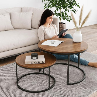 Modern Nesting Coffee Table Set of 2, Round Industrial Wood and Metal Accent Tables, 65x65x45 cm, Stackable Design for Living Room, Powder-Coated Steel Frame, Space-Saving Stylish Home Decor