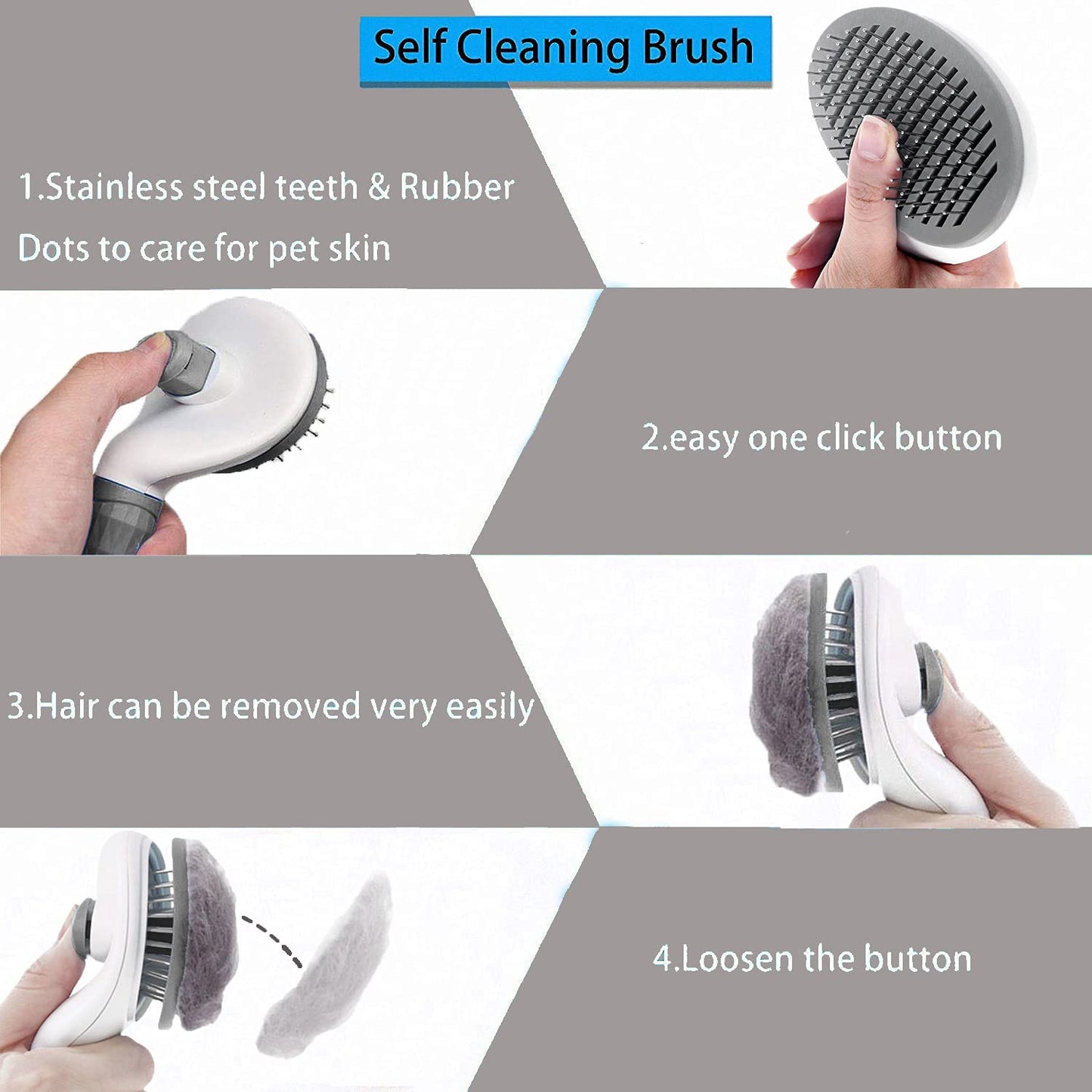 Domkim Self-Cleaning Slicker Dog & Cat Brush, Slicker Pet Grooming Combs, Shedding Grooming Tools - Gently Removes Loose Undercoat, Fur, Dirt, Mats and Tangled Hair (Grey)