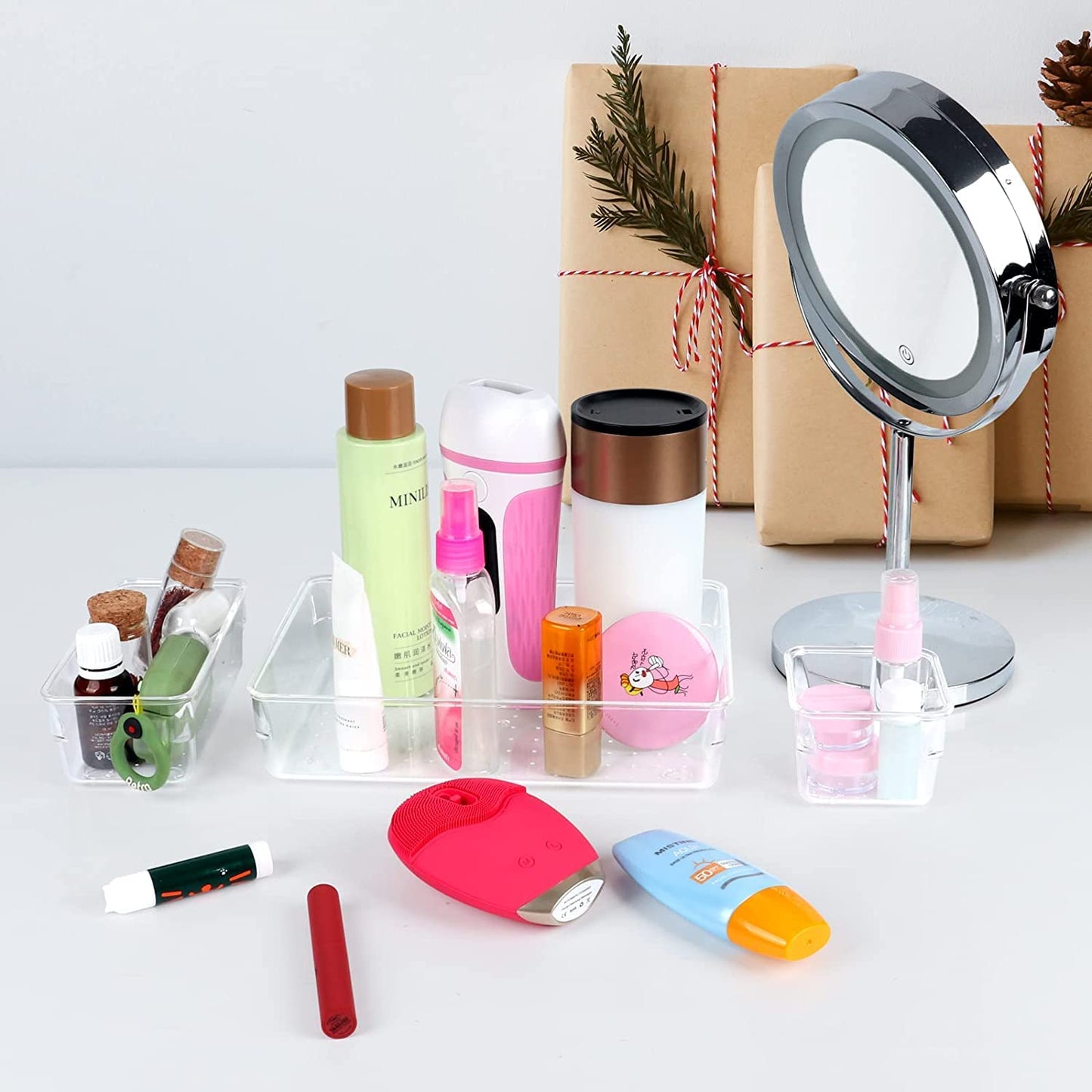 25 Pcs Desk Drawer Organizer Trays, Clear Plastic Storage Boxes Bins, Desk Versatile Tidy Divider, Make-Up Organiser Boxes with 5 Size for Bedroom Office Kitchen