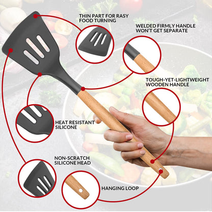 E-far Kitchen Utensils Set of 12, E-far Silicone Cooking Utensils with Holder, Non-stick Cookware Friendly & Heat Resistant, Includes Spatula Tong Whisk Ladle Brush Slotted Turner Spoon(Gray)