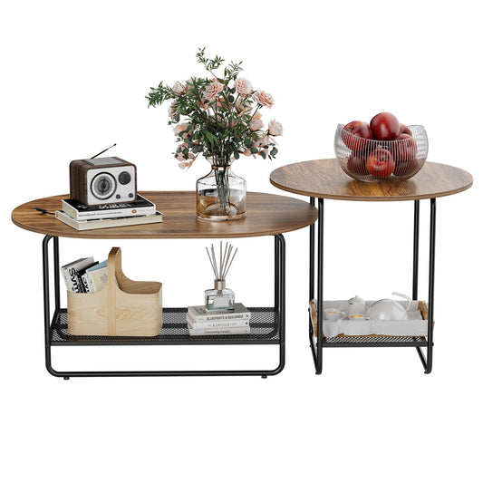 Coffee Table Set, 2-Tier Center Table with Open Shelf and Metal Frame, Modern Round Coffee Table for Living Room, Set of 2