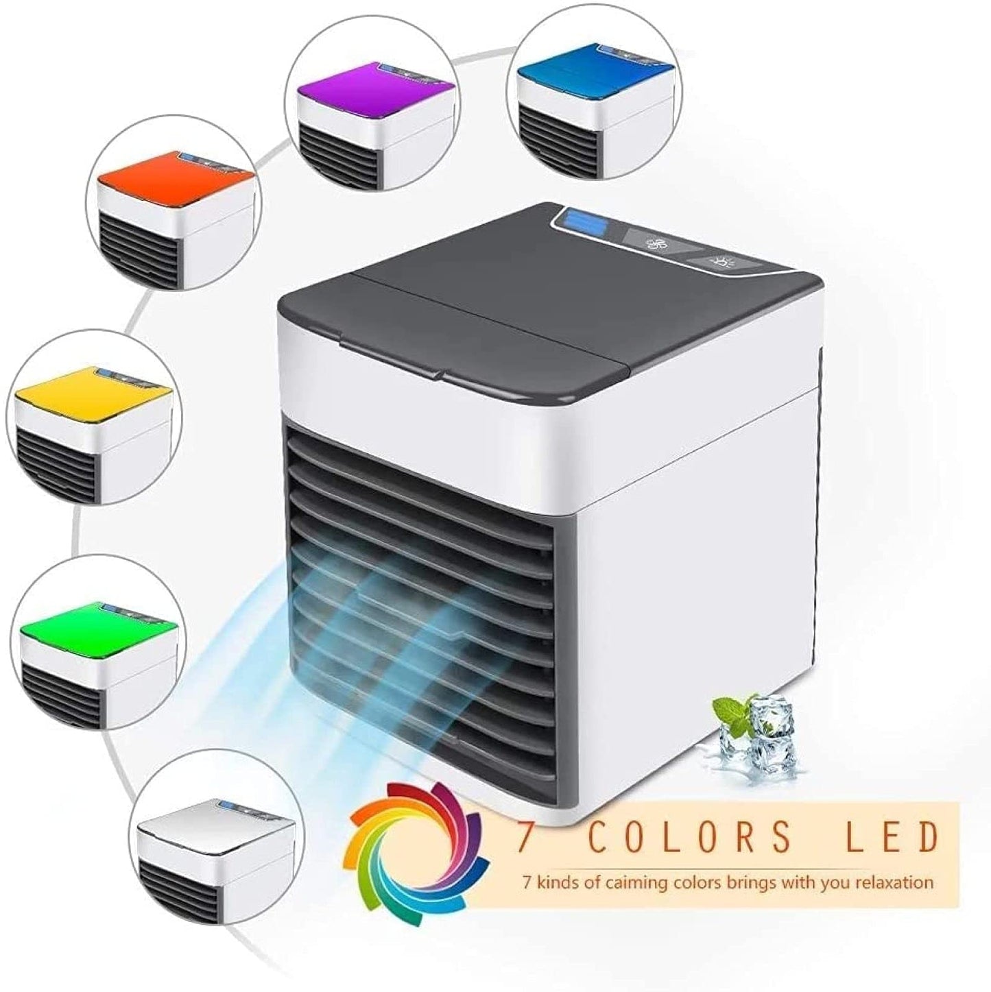 VVLXRIC Quiet Portable Air Conditioner – 7 Colours LED Lights Portable Air Conditioner – 3 Adjustable Speeds Fan for Car, Family Travel Office