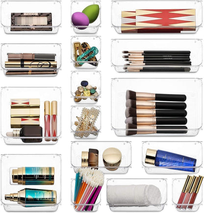Kienlix Desk Drawer Organizer Trays Various Size Bathroom Organizer Storage Tray for Makeup, Jewelries, Utensils, Bedroom Dresser, Office and Kitchen (12 pc)