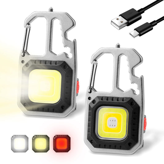 Apeso Cob Keychain Work Light, 7 Light Modes Mini Pocket Flashlight High Lumens Led Bright, Small Powerful Flashlight Rechargeable, Multifunctional Tool - Window Breaker Wrench Bottle Opener (2 Pcs)