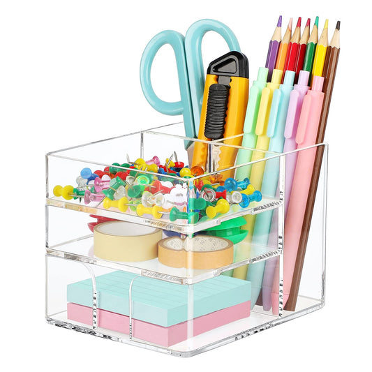 Clear Acrylic Desk Organizer with Adjustable Sticky Note Storage, 6-Compartment Office Desktop Caddy with Pen Holder and Accessory Bins for Modern Home and Office Stationary