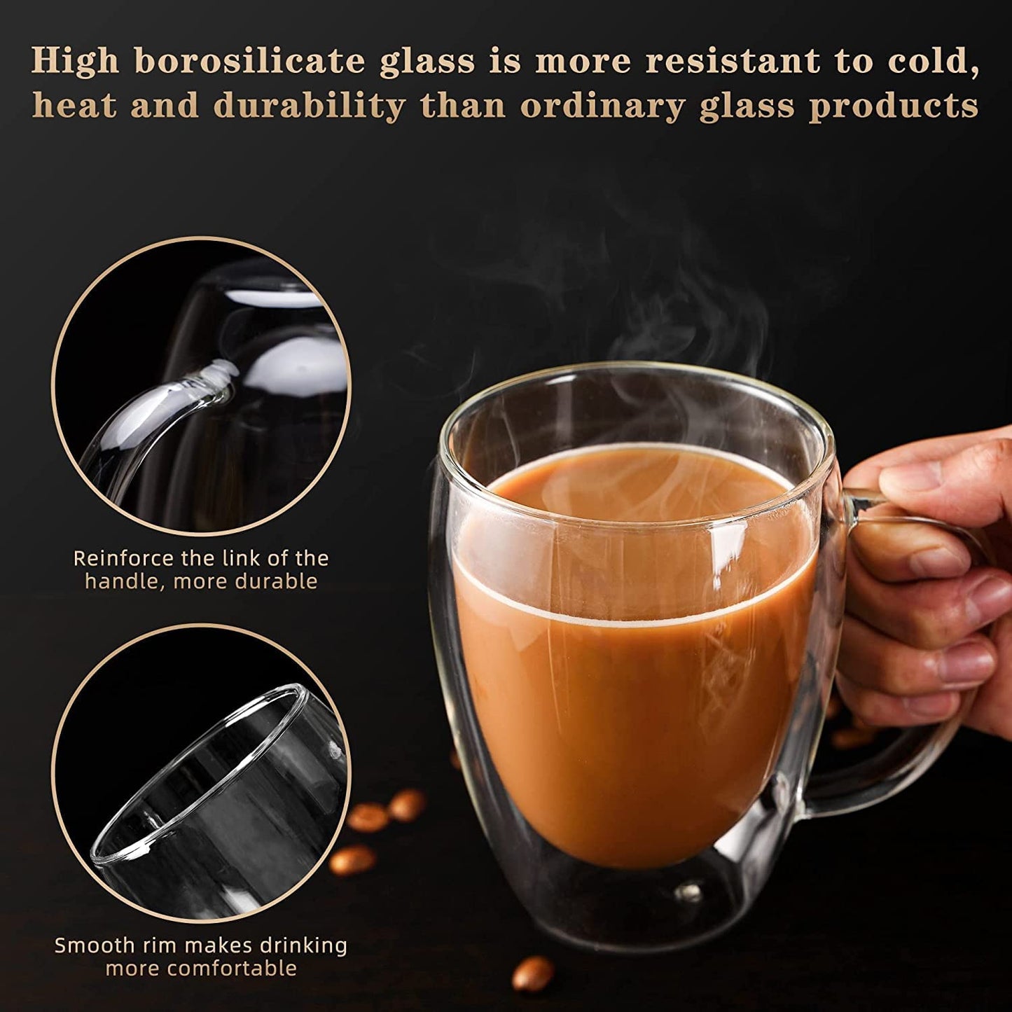 Mandorra Double Walled Glass Coffee Mugs, Double Wall Latte Mugs, set of 2 Cappuccino Cups, Clear Espresso Cups, Insulated Glass Mugs With Handle, 12 Oz,Thermos Cup