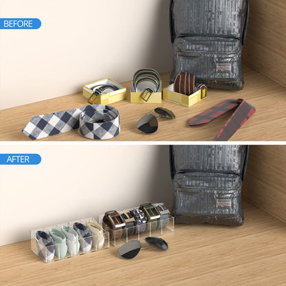 Acrylic Belt Storage Holder, 5-Compartment Clear Display Organizer for Closet or Drawer, Belt Tie and Bow Tie Container for Men’s Accessories and Daily Use, Transparent Case, Clear