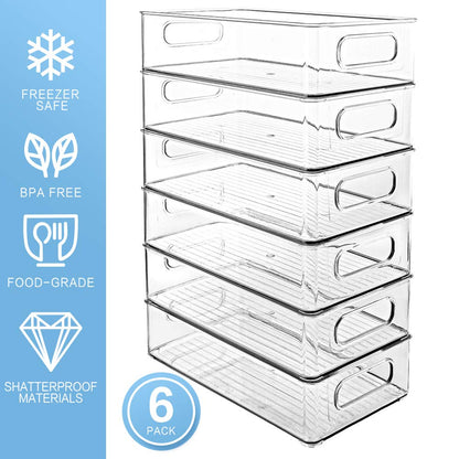 Refrigerator Organizer Bins, 6 PACK Organizer Bins Stackable Fridge Organizers with Cutout Handles for Freezer, Kitchen, Countertops, Cabinets - Clear Plastic Pantry Food Storage Rack