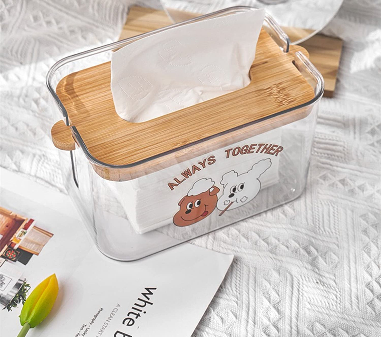 Square Tissue Holder, Facial Tissue Dispenser Box with Bamboo Cover, Rectangle Napkin Organizer Caddy for Car, Bathroom, Toilet, Kitchen, Bedroom