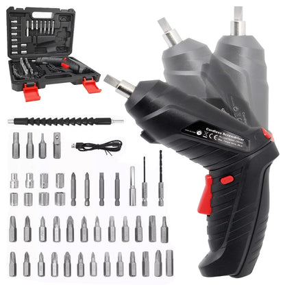 ELECTRIC CHOICE 3.6V Cordless Screwdriver, Rechargeable Portable Screwdriver Set 47 Pieces with LED Light, Rotatable Handle (90°-180°), with Suitcase, for Home, DIY, Decoration, Black
