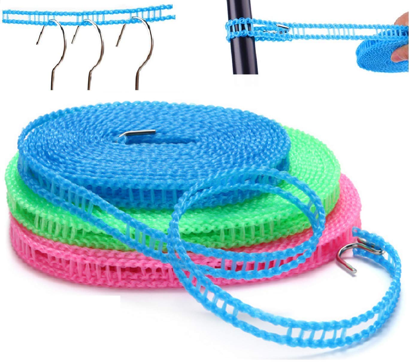 Newraturner 3Pack Nylon Clothesline Windproof Clothes Drying Rope Travel Clothes Line Portable Laundry Line Hanger Rope for Indoor Outdoor Camping Home Hotel