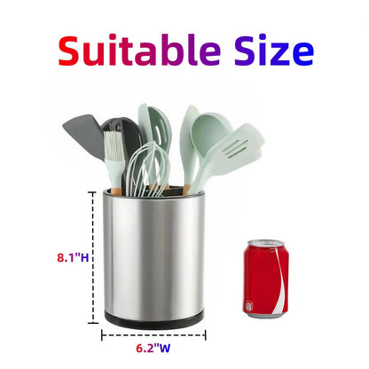 LIBODOUR Kitchen Utensil Holder Extra Large 360°Rotating For Counter Organizer Stainless Steel Storage Cooking Silverware Caddy 3 Compartment Flatware Spoon Spatula Tool Cutlery Container?Silvery?