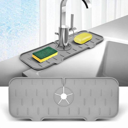 WINALLO Silicone Faucet Mat for Kitchen Sink Splash Guard Silicone Faucet Handle Drip Catcher Tray Sink Protector Pad for Countertop Kitchen Sink Bathroom Bar, Light Gray