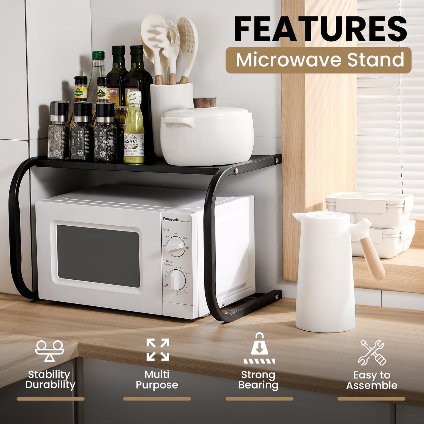 LYCOA Microwave Stand for Countertop, 2-Tier Metal Microwave Shelf Organizer for Small Spaces, Compact Black Oven Rack for Kitchen Counter, Sturdy Microwave Table Shelf for Home or Office