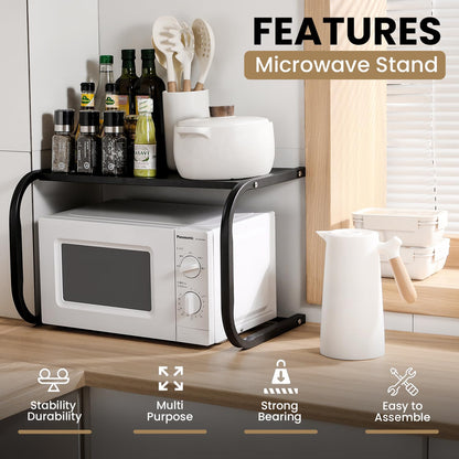 LYCOA Microwave Stand for Countertop, 2-Tier Metal Microwave Shelf Organizer for Small Spaces, Compact Black Oven Rack for Kitchen Counter, Sturdy Microwave Table Shelf for Home or Office