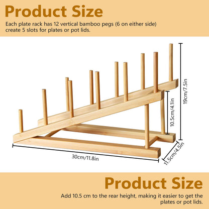 WATUNID 2 PCS Wooden Dish Rack, Bamboo Plate Rack for Cupboard, Multifunctional Dish Stand Drainers, Dish Drying Rack Pot Lid Holder, Kitchen Cabinet Organizer for Bowl Cup Cutting Board Book