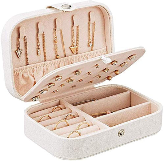Jewelry Box, Travel Jewelry Organizer for Women, Double Layer Jewelry Travel Organizer, PU Leather Jewelry case for Earrings, Necklaces, Bracelets, Rings, White Beige