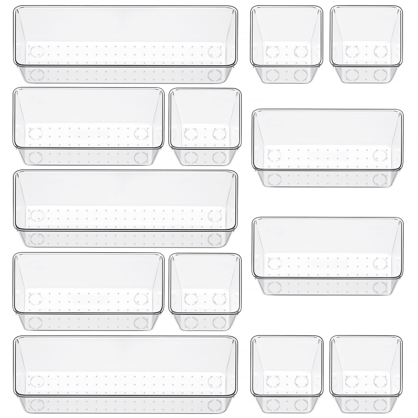 12 Piece Clear Drawer Organizer Set, 3 Sizes Bathroom Vanity Organizer Trays and Storage Bins for Makeup, Cosmetics, Jewelry, and Gadgets. Perfect for Office, Kitchen, Bedroom, Bathroom Use.