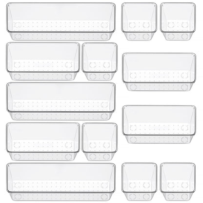 12 Piece Clear Drawer Organizer Set, 3 Sizes Bathroom Vanity Organizer Trays and Storage Bins for Makeup, Cosmetics, Jewelry, and Gadgets. Perfect for Office, Kitchen, Bedroom, Bathroom Use.