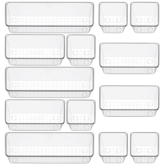 12 Piece Clear Drawer Organizer Set, 3 Sizes Bathroom Vanity Organizer Trays and Storage Bins for Makeup, Cosmetics, Jewelry, and Gadgets. Perfect for Office, Kitchen, Bedroom, Bathroom Use.