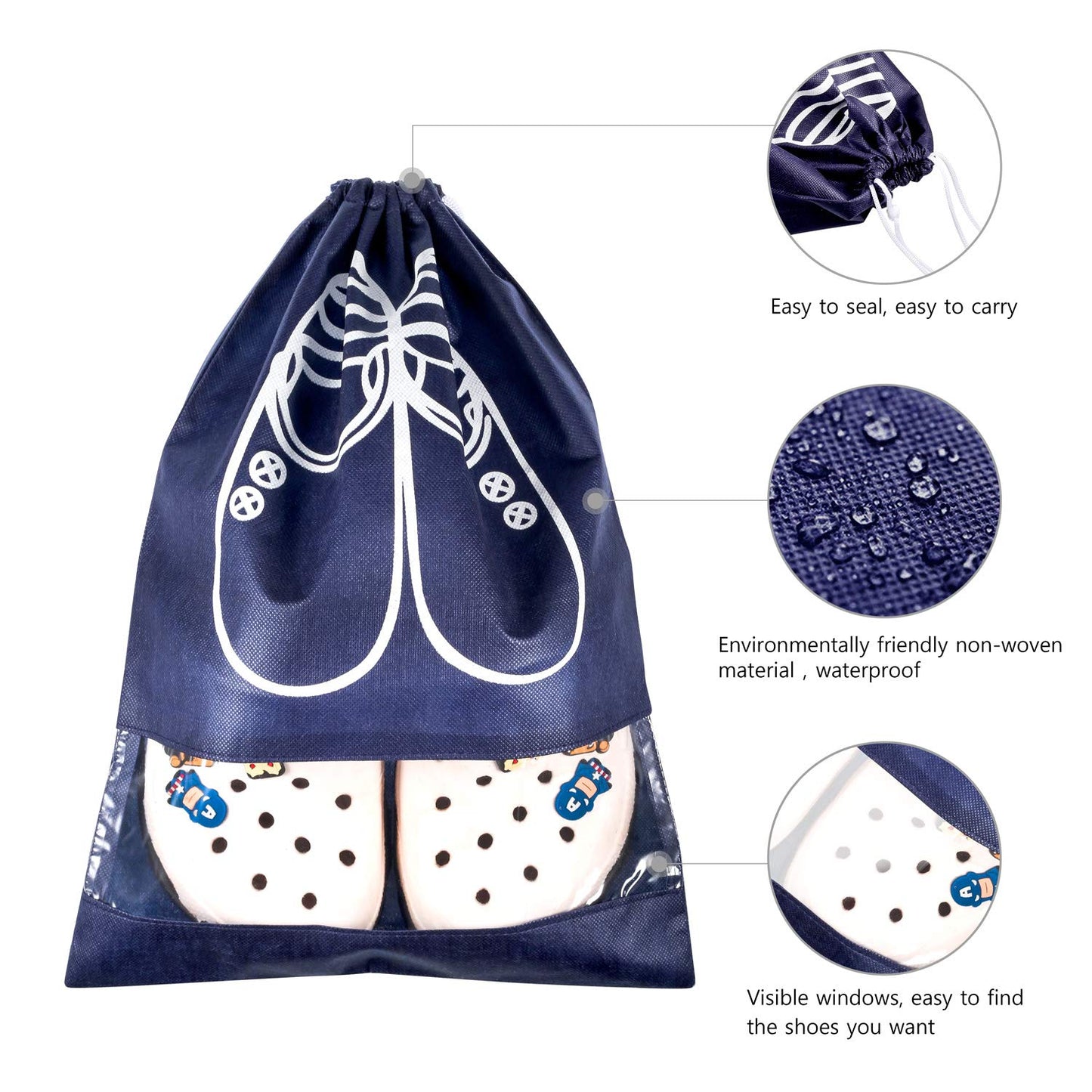 Yosemy 12 Waterproof Shoe Bag, Dustproof Shoe Bag, Travel Shoe Bag, Dark Blue Fabric Bag with Drawstring, Travel Storage Bag, Organiser for Travel at Home