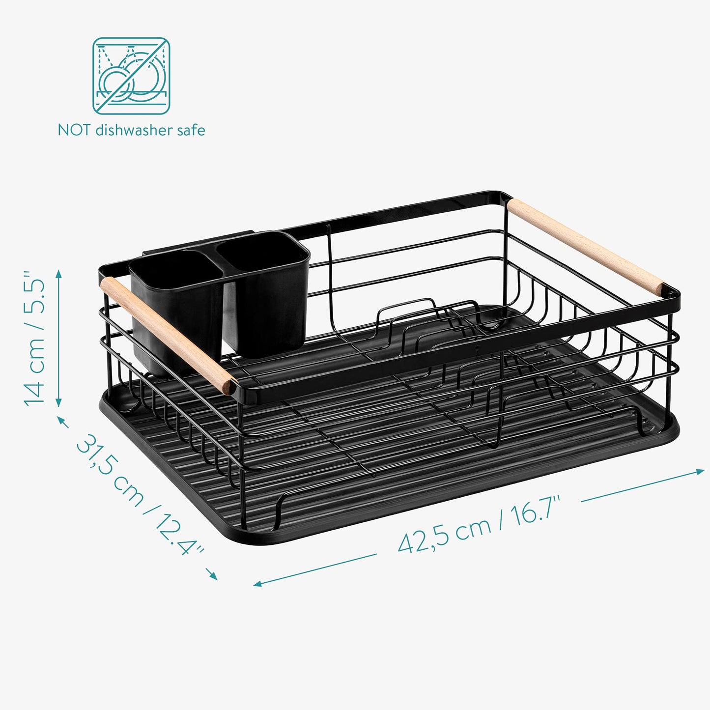Navaris Dish Drainer Rack - Plate, Cutlery, Pots and Pans Drying Rack for Kitchen with Beechwood Handles - Modern Retro Design Drip Tray - Black