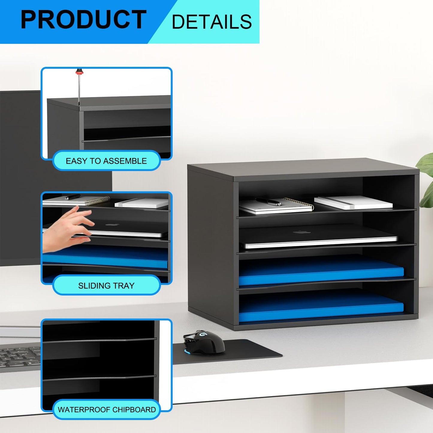 Wood Desktop Letter Tray and File Organizer, Paper Storage and MaiLSorter with 3 Adjustable Drawer Boards for Home and Office Use, Sturdy Construction in Black