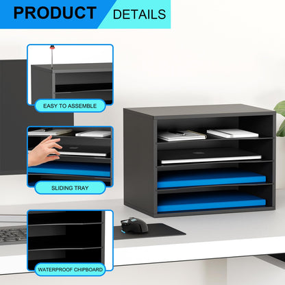 Wood Desktop Letter Tray and File Organizer, Paper Storage and MaiLSorter with 3 Adjustable Drawer Boards for Home and Office Use, Sturdy Construction in Black
