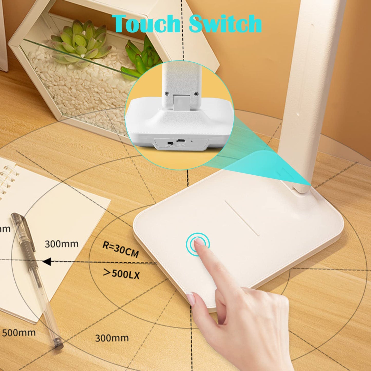 Xkimos LED Table Lamp, Touch Eye Protection Reading Desk Lamp, Charge And Plug Available, 3 Levels Color Temperature, Natural Light Anti-Blue Light No Flicker,Suitable For Office, Dorm,Study (White)