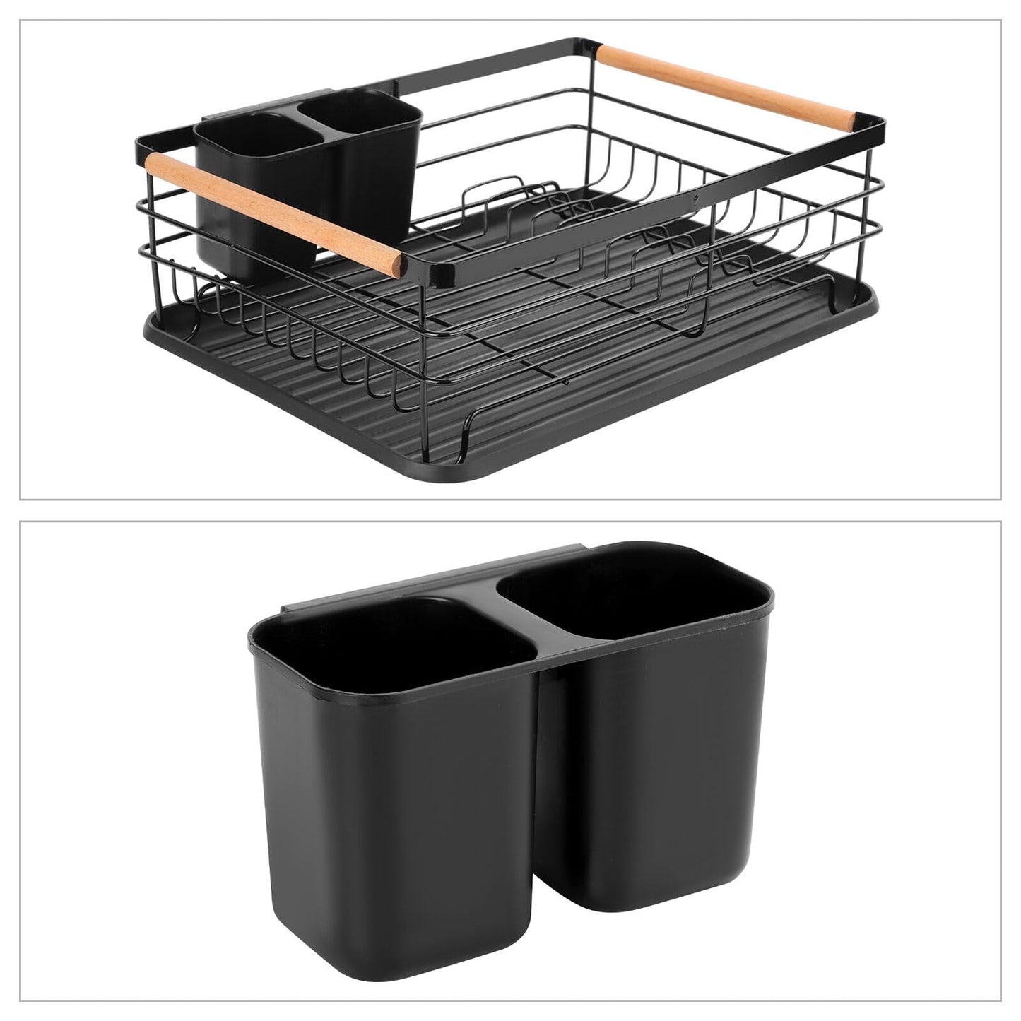 KingSaid Dish Drainer Black Matt Metal Dish Rack for Sink with Cutlery Holder and Plastic Drip Tray, Stainless Steel Dish Rack for Sink (42 x 32.5 x 14 cm)