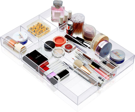 Clear Acrylic Drawer Organizer Set of 2, 6-Section and 3-Section Divided Trays, 30.2 x 30.2 x 4.3 cm and 30.2 x 11.4 x 4.3 cm, Makeup and Desk Storage for Bathroom Kitchen or Office Use