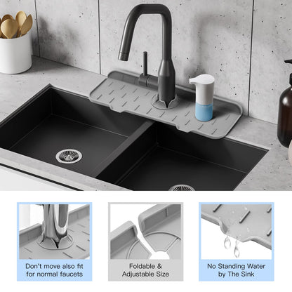 WINALLO Silicone Faucet Mat for Kitchen Sink Splash Guard Silicone Faucet Handle Drip Catcher Tray Sink Protector Pad for Countertop Kitchen Sink Bathroom Bar, Light Gray