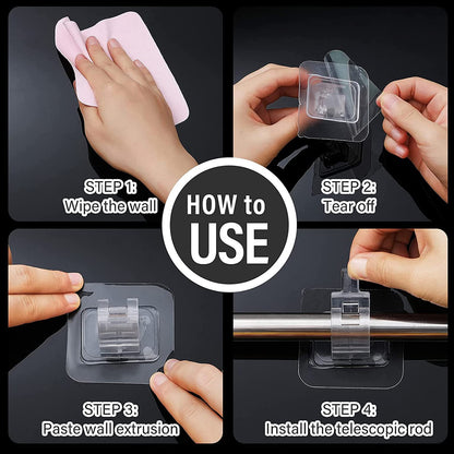 Self-Adhesive Curtain Hook No Drill Fixing Rod Holder Rod Bracket Drapery Hook Curtain Pole Towel Rod Hook ABS Wall Bracket Hook for Home Bathroom Living Room Hotel Use (6 Pieces, Clear)