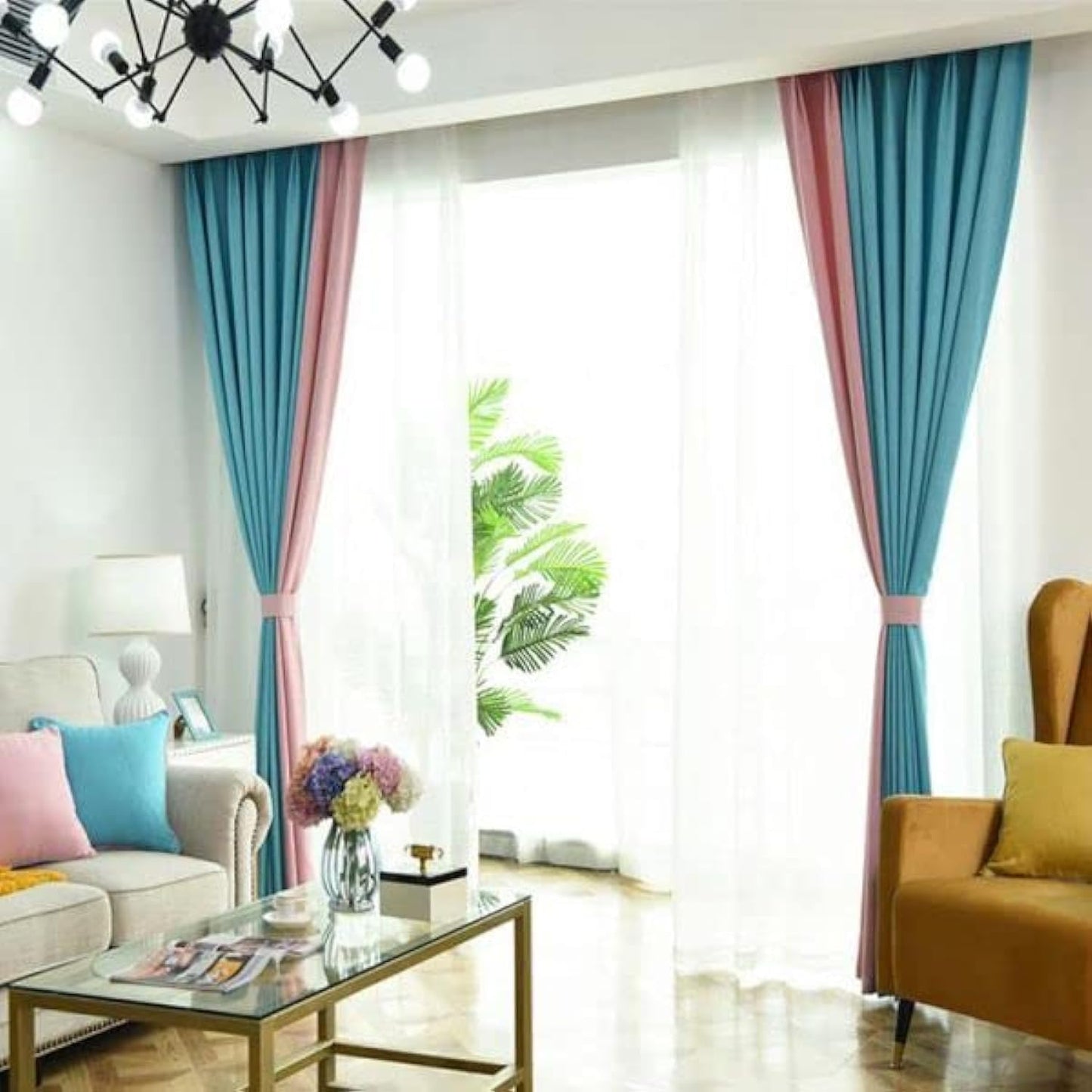 Linen Velvet Modern Design Curtain – Two colors With Tie-backs - 2 Piece 4 meters width