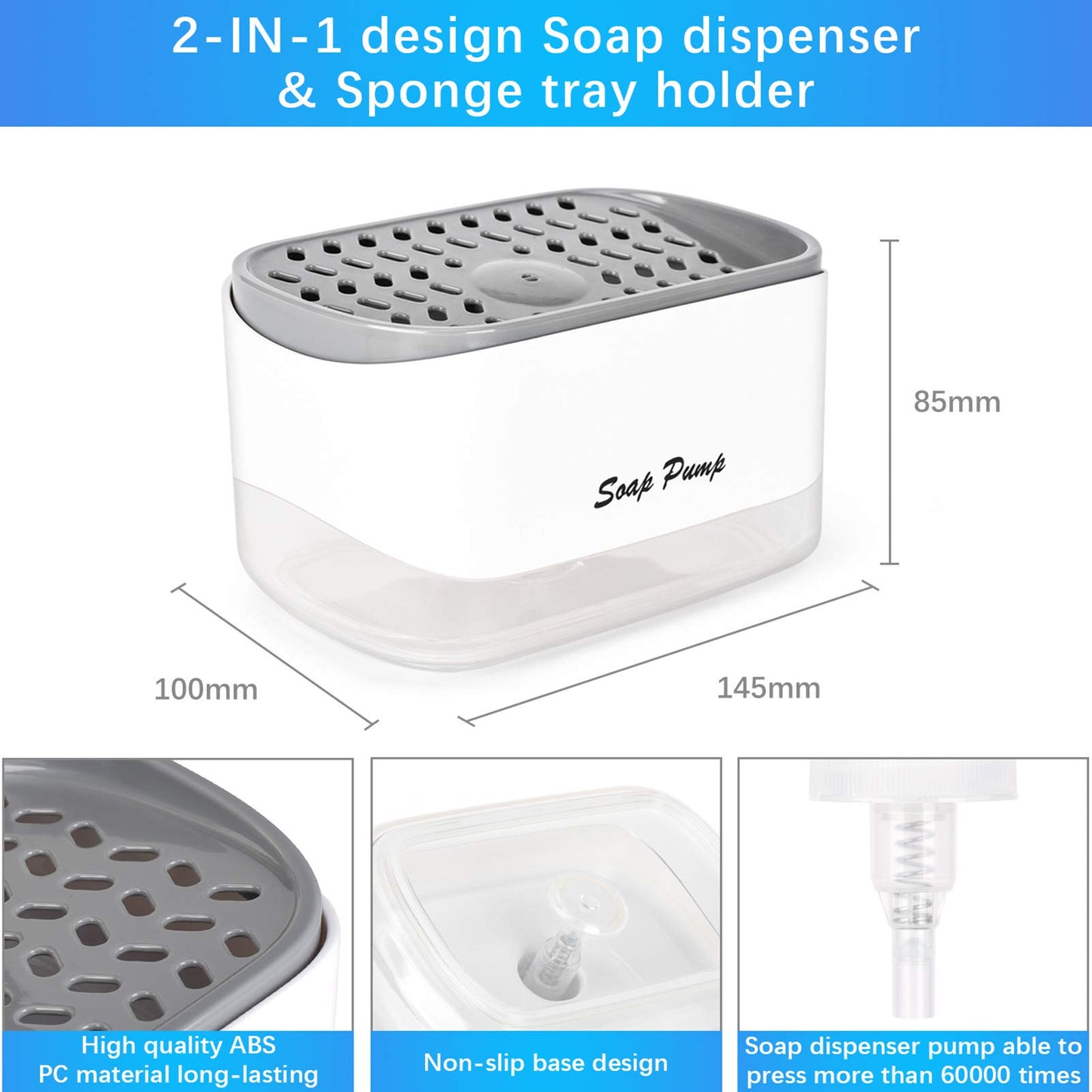 3-in-1 Soap Pump Dispenser and Sponge Holder with Compact Countertop Design, Efficient for Kitchens and Bathrooms, White, 20.2 x 10.49 x 12.97 cm