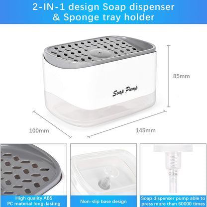 3-in-1 Soap Pump Dispenser and Sponge Holder with Compact Countertop Design, Efficient for Kitchens and Bathrooms, White, 20.2 x 10.49 x 12.97 cm