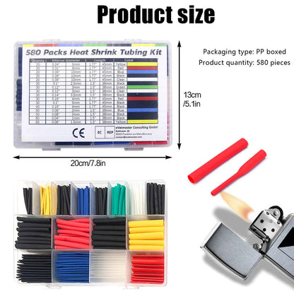 Wirefy Heat Shrink Tube Set, Insulating Tubing, Heat Shrink Tube, Waterproof, Red, Black, White, Blue, Yellow, 1.5-10 mm Assortment, 580 Pieces