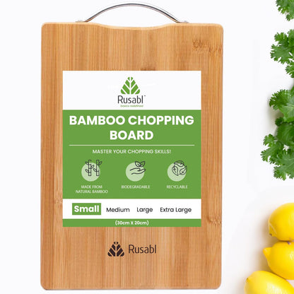 Rusabl Bamboo Wooden Chopping Board with Metal Handle, Multipurpose Cutting Board for Vegetables, Fruits & Cheese, for Kitchen Use, BPA Free, Eco-Friendly, Anti-Microbial (S, 30 x 20 cms)