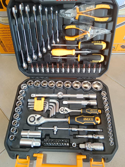 INGCO Hand Tools Set, 100 Pieces, Spanners, Wrenches, Sockets, Spark Plug Sockets, Screwdrivers, Screwdriver Bits, Hex & Torx Sockets, Pliers, Model: HKTHP21001
