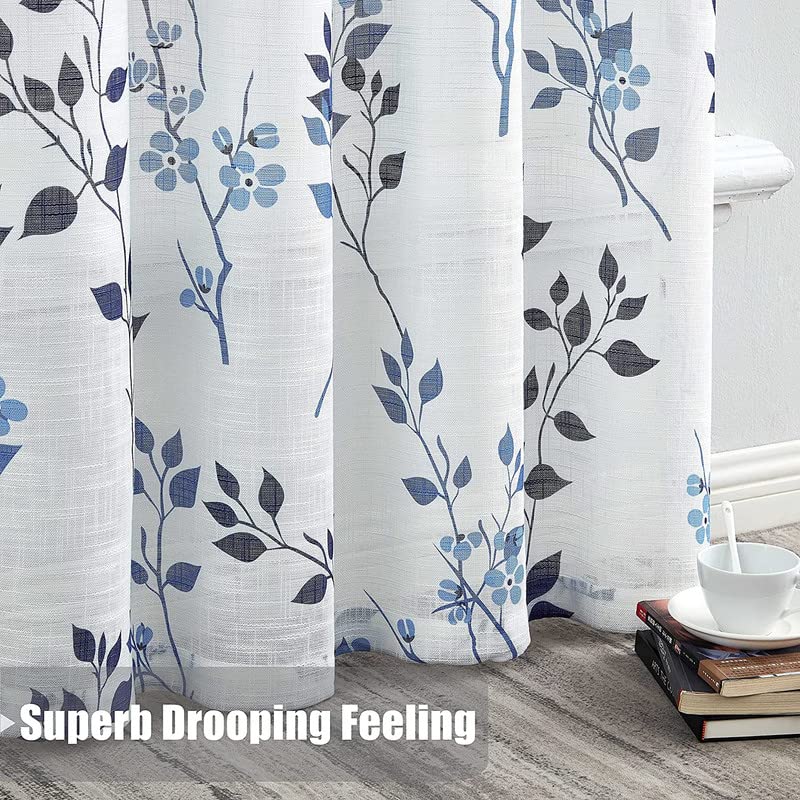 INtex CURTAINS HOUSE Rich Natural Linen curtains - Printed floral curtains- Semi-transparent - Road Pocket grommets for living room, bedroom, kitchens, 1 piece 150 * 210 Navy Blue/Blue