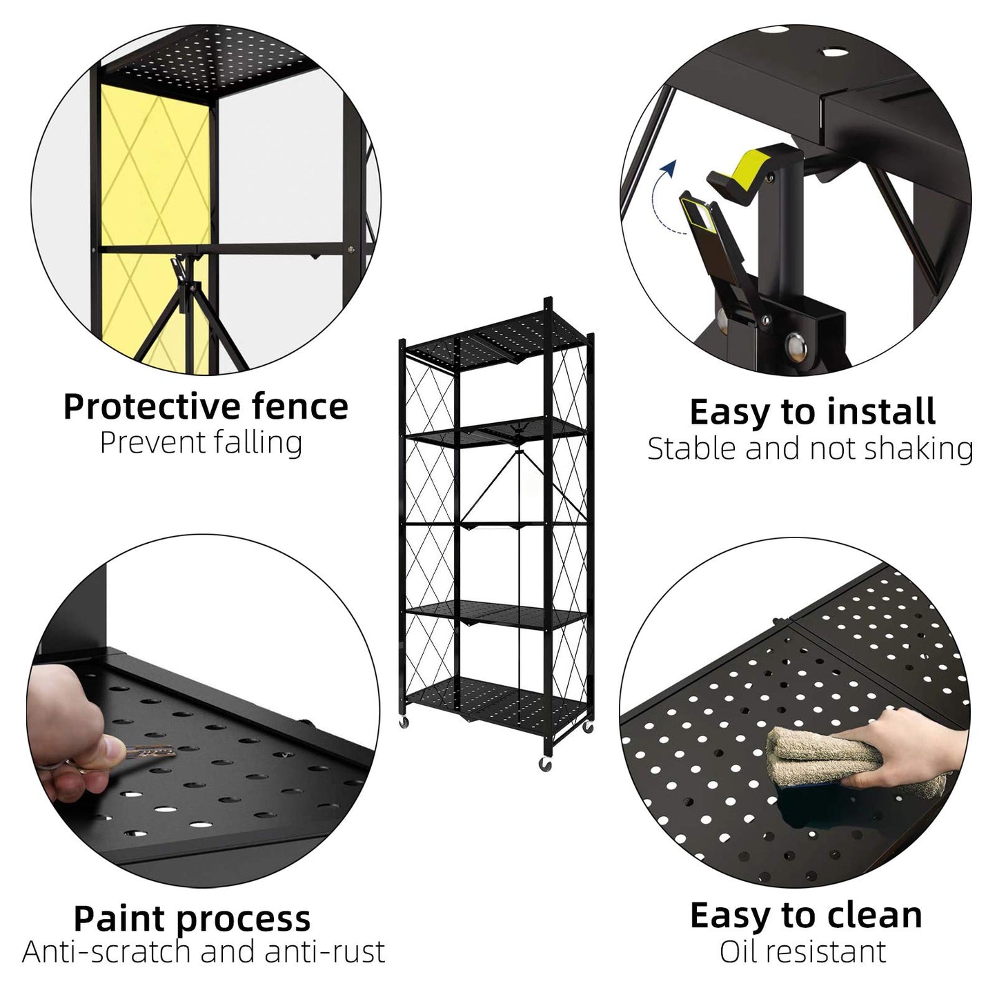 Storage Shelves, 5-Shelf Foldable Metal Shelving Units 28" W x 14" D x 65" H for Garage Kitchen Bakers Closet, Metal Wire, Collapsible Organizer Rack, Heavy Duty on Wheels (5 Shelf)