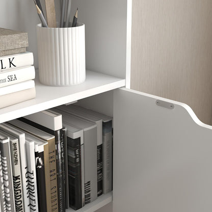 6 Tier Bookcase with 2 Doors in White, Wooden Cube Shelves, Tall Bookshelf Storage Cupboard, Soild Wood Organizer Display Free Standing Unit for Living Room